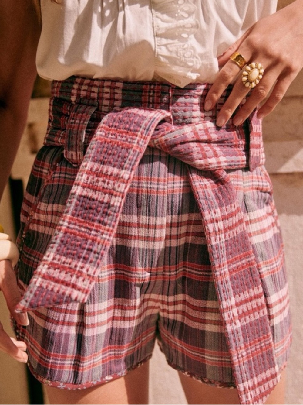 SEZANE Island Shorts - Size 38 / US 6 (Pink Red New Jersey Check)